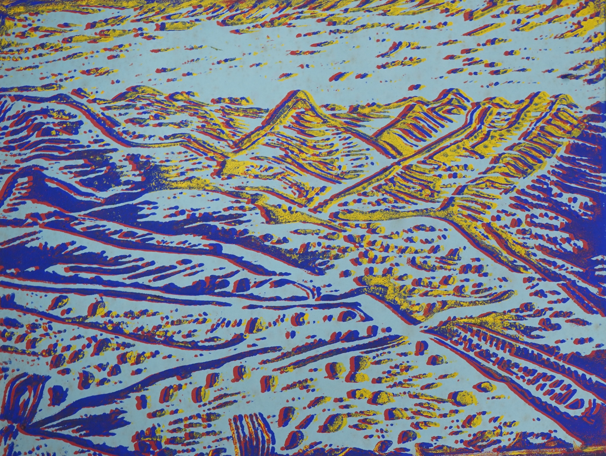 Andrew Chrysafi (b.1938), Cypriot landscapes and abstract compositions, a collection of linocuts, signed verso, mounted, unframed, largest 29 x 40cm